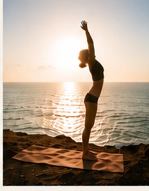 Nora practicing yoga at sunrise by the sea